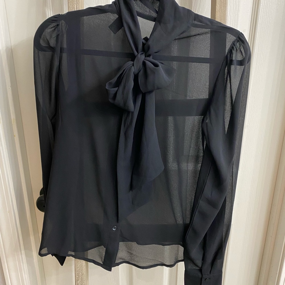 Sheer black long sleeve tie neck blouse